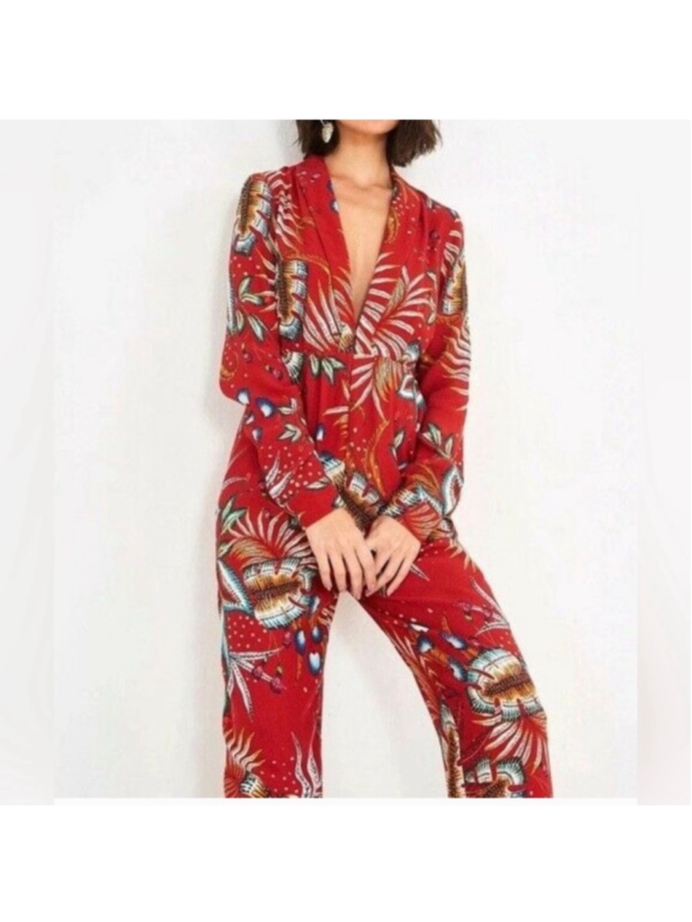 NWT FARM Rio Folhagem De Inverno Y Neckline Boboikat Jumpsuit Red Multi Size L - Picture 2 of 16